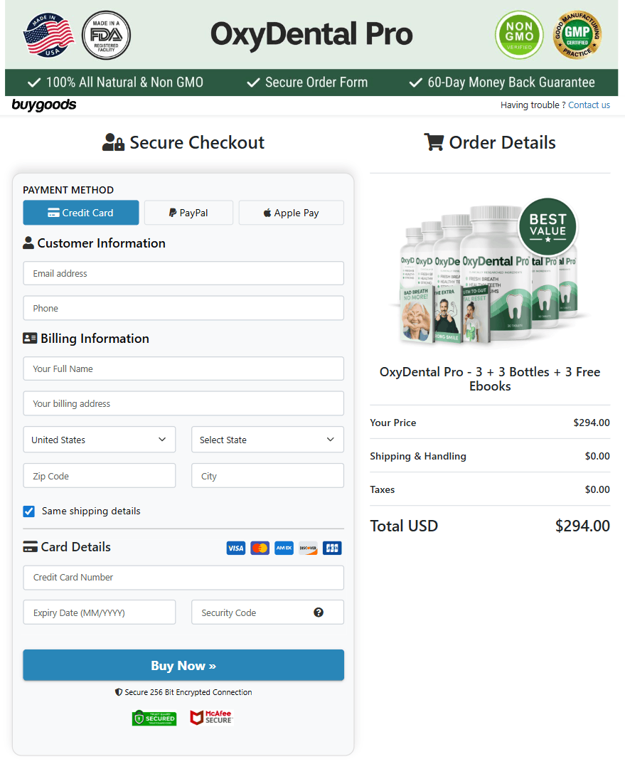 Oxydental Pro secure checkout form